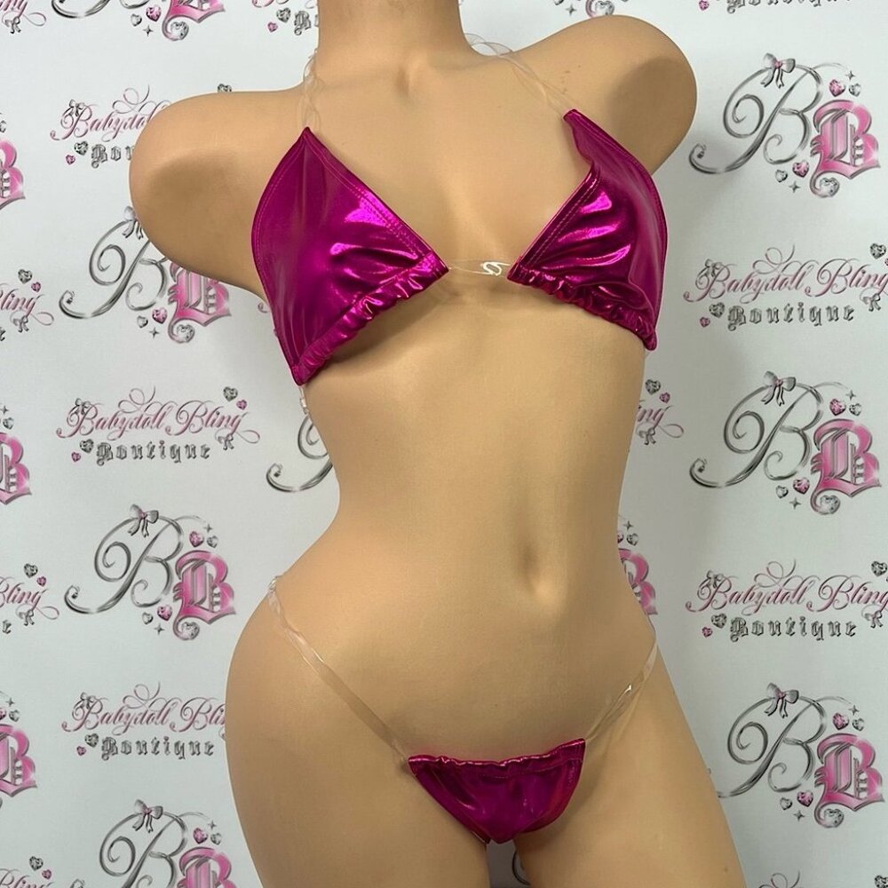 Sherrylo 2 piece set bikini lingerie clear straps exotic Shiny Pink Bikini Set